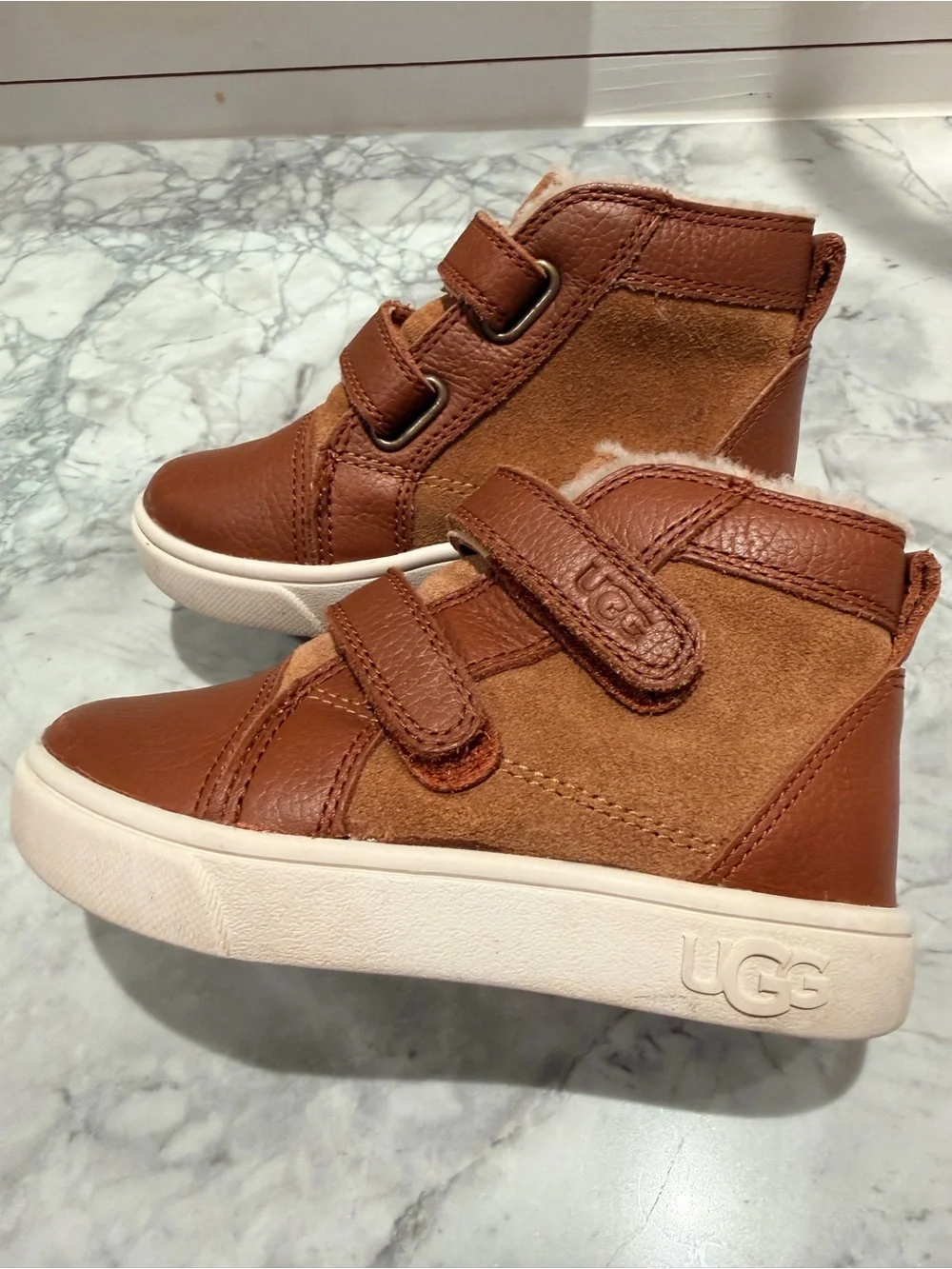 UGG Kids Rennon Chestnut Brown Shearling Velcro Sneaker Boots